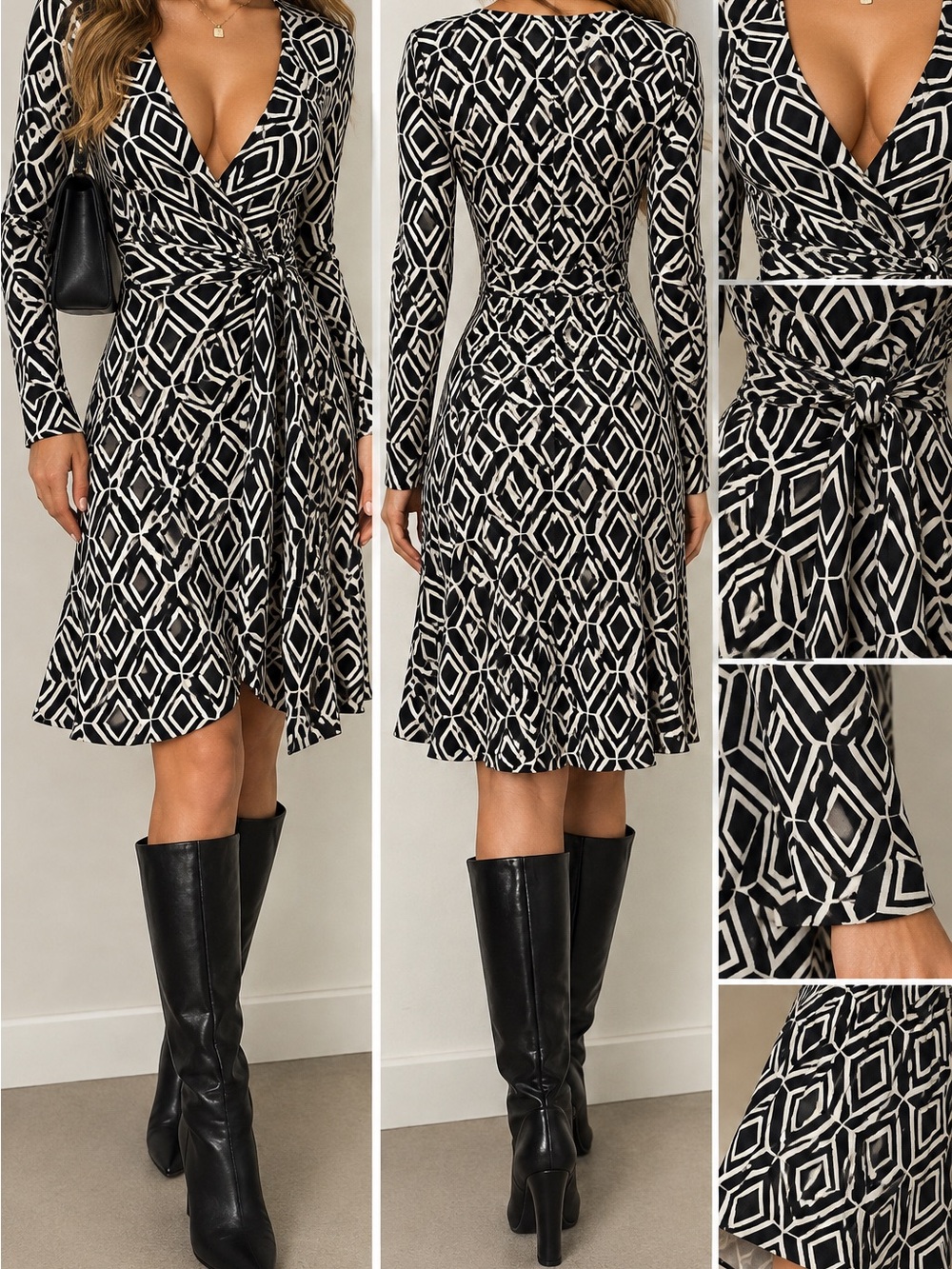 Cache Black & White Geometric Wrap Dress XS